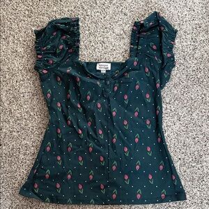Unique Vintage Dark Green Floral Blouse